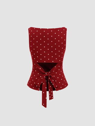 Cotton-blend Boat Neck Knotted Polka Dot Ruched Tank Top