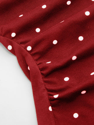 Cotton-blend Boat Neck Knotted Polka Dot Ruched Tank Top