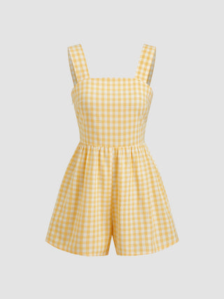 Cotton-blend Square Neck Gingham Bowknot Romper