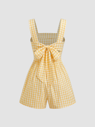 Cotton-blend Square Neck Gingham Bowknot Romper