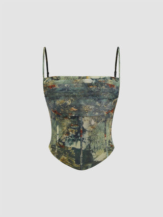 Mesh Abstract Ruched Corset Crop Cami Top
