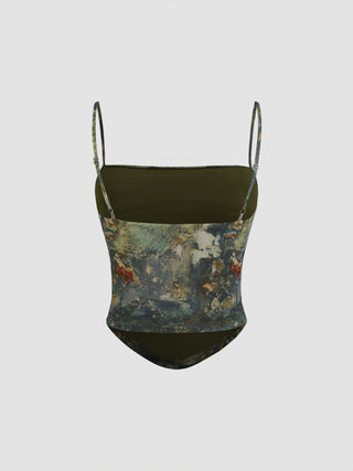 Mesh Abstract Ruched Corset Crop Cami Top