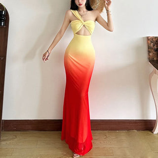 One shoulder hollow out gradient cut out maxi dress