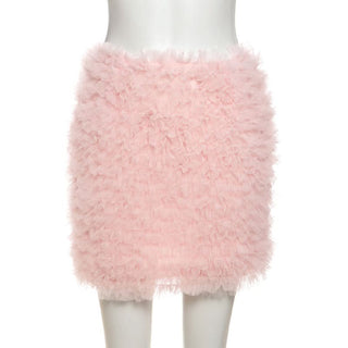 Fluffy ruffle zip-up mini skirt