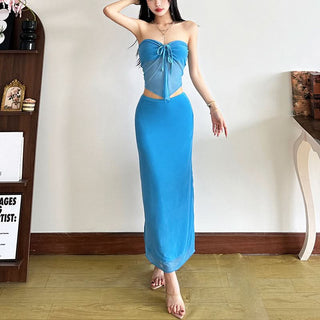 Self tie mesh ruched maxi skirt set