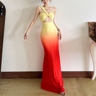 One shoulder hollow out gradient cut out maxi dress