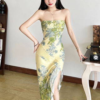 Flower print slit ruffle tube maxi dress