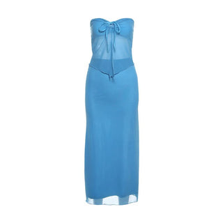 Self tie mesh ruched maxi skirt set