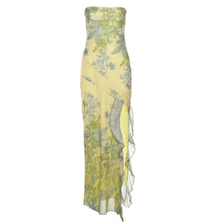 Flower print slit ruffle tube maxi dress