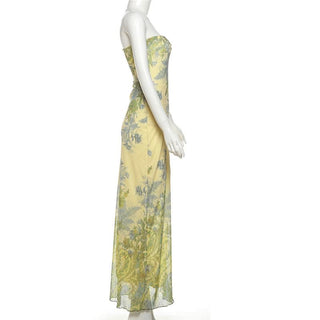 Flower print slit ruffle tube maxi dress