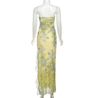 Flower print slit ruffle tube maxi dress