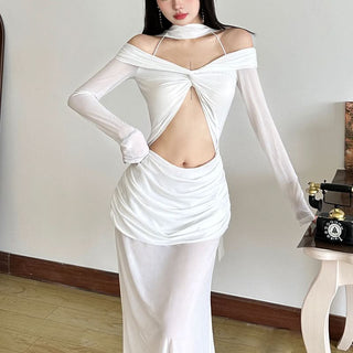 Long sleeve off shoulder mesh hollow out cut out maxi dress