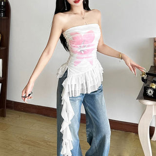 Flower print ruffle ruched tube top