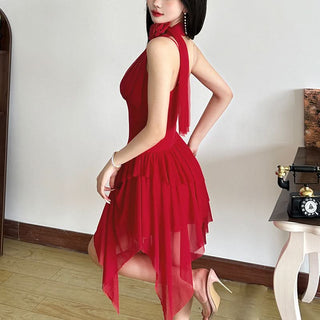 U neck flower applique irregular cami mini dress