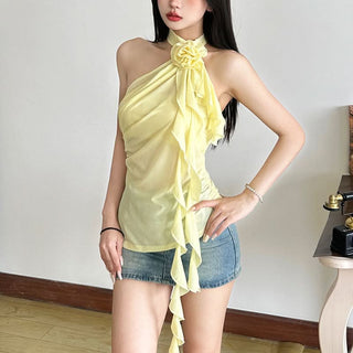 Halter flower applique ruched ruffle top