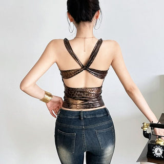 V neck leopard print hollow out cut out top