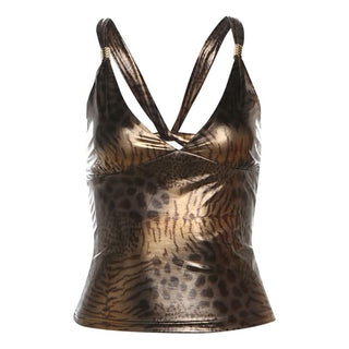 V neck leopard print hollow out cut out top