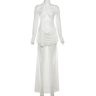 Long sleeve off shoulder mesh hollow out cut out maxi dress