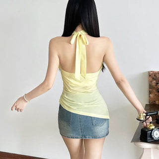 Halter flower applique ruched ruffle top