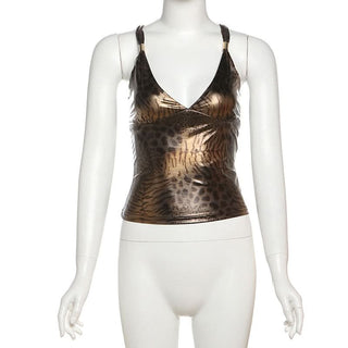 V neck leopard print hollow out cut out top