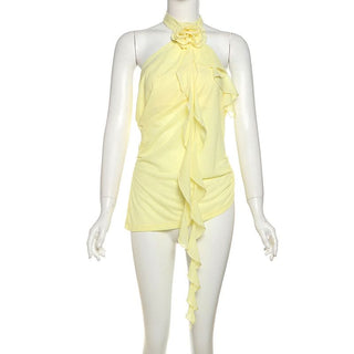 Halter flower applique ruched ruffle top