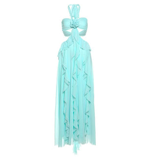 Halter ruffle flower applique self tie maxi dress