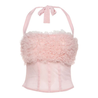 Halter zip-up mesh ruffle backless top