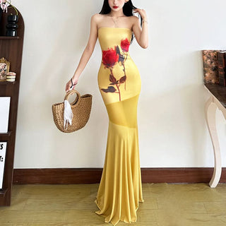 Flower print tube maxi dress