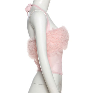 Halter zip-up mesh ruffle backless top