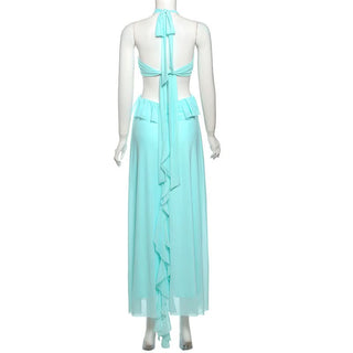 Halter ruffle flower applique self tie maxi dress