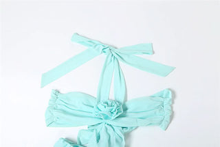 Halter ruffle flower applique self tie maxi dress