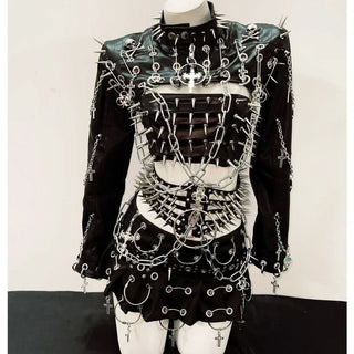 Long sleeve rivet PU leather o ring metal chain belt top