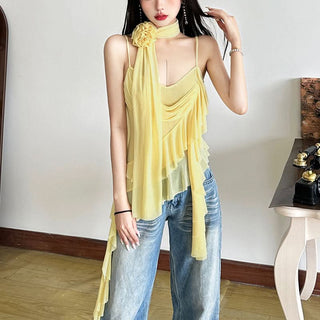 Flower applique ruffle mesh cami top