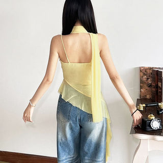 Flower applique ruffle mesh cami top