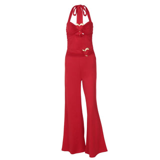 Hollow out halter self tie ruched zip-up jumpsuit
