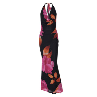 Self tie halter print cowl neck mesh maxi dress