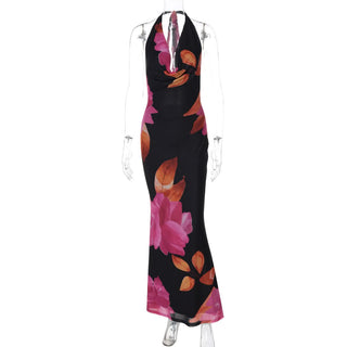 Self tie halter print cowl neck mesh maxi dress