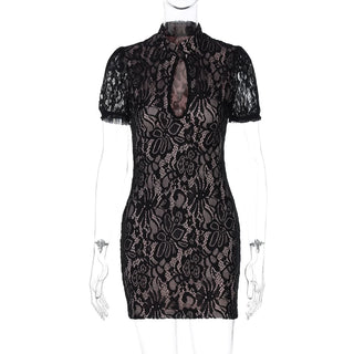 Short sleeve hollow out lace high neck cut out mini dress