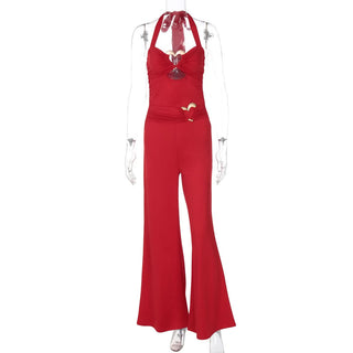 Hollow out halter self tie ruched zip-up jumpsuit