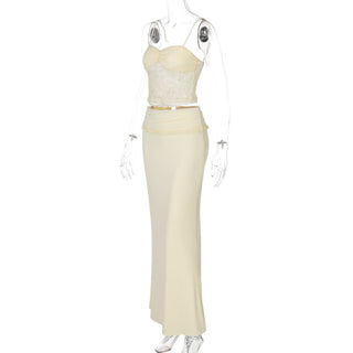 Lace ruched v neck backless cami mini skirt set