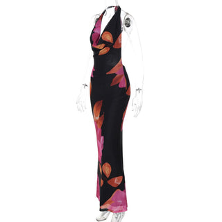 Self tie halter print cowl neck mesh maxi dress