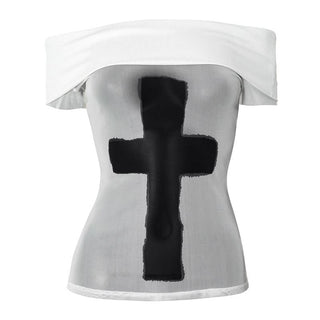 Off shoulder mesh cross pattern tube top