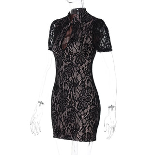 Short sleeve hollow out lace high neck cut out mini dress