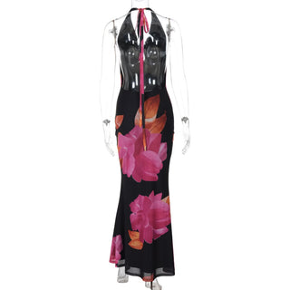 Self tie halter print cowl neck mesh maxi dress