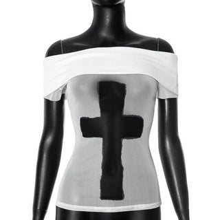 Off shoulder mesh cross pattern tube top