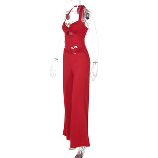 Hollow out halter self tie ruched zip-up jumpsuit
