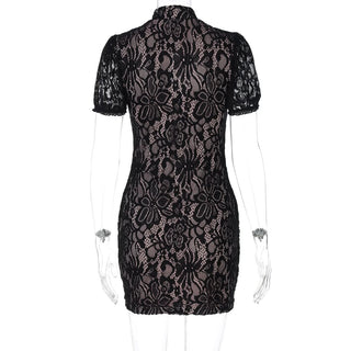 Short sleeve hollow out lace high neck cut out mini dress