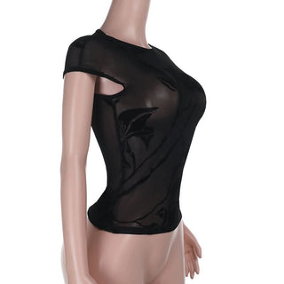 Crewneck sheer mesh print cap sleeve top