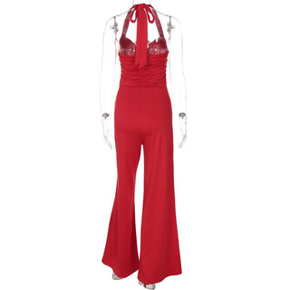 Hollow out halter self tie ruched zip-up jumpsuit