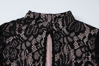 Short sleeve hollow out lace high neck cut out mini dress